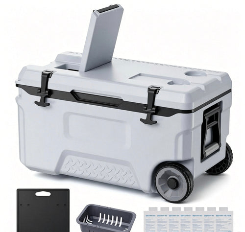 52QT Rolling Insulated Cooler, 48 Hours Ice Retention Cool Chest