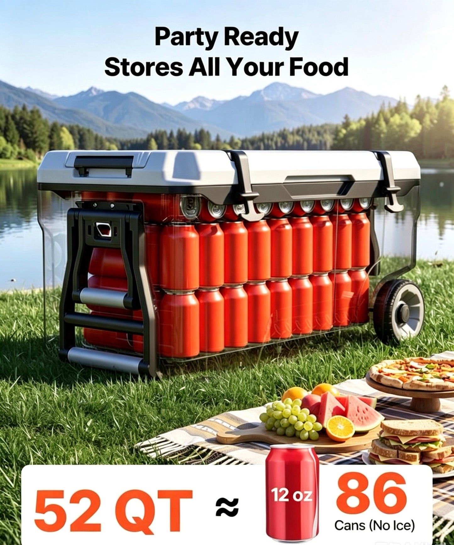 52QT Rolling Insulated Cooler, 48 Hours Ice Retention Cool Chest