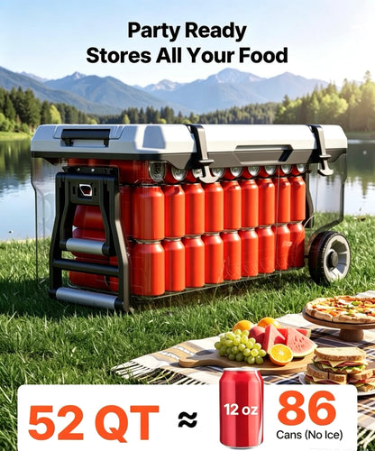 52QT Rolling Insulated Cooler, 48 Hours Ice Retention Cool Chest