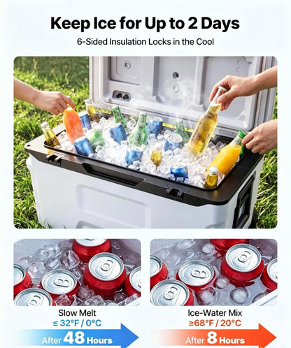 52QT Rolling Insulated Cooler, 48 Hours Ice Retention Cool Chest