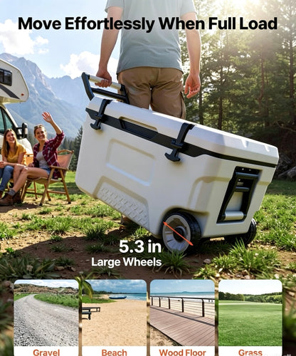 52QT Rolling Insulated Cooler, 48 Hours Ice Retention Cool Chest