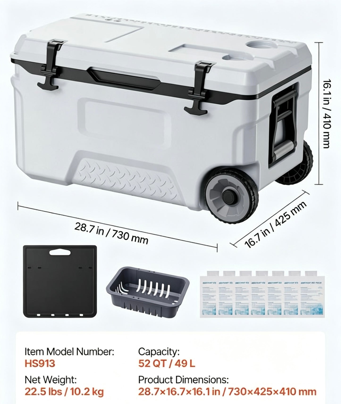 52QT Rolling Insulated Cooler, 48 Hours Ice Retention Cool Chest