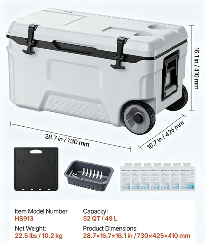 52QT Rolling Insulated Cooler, 48 Hours Ice Retention Cool Chest