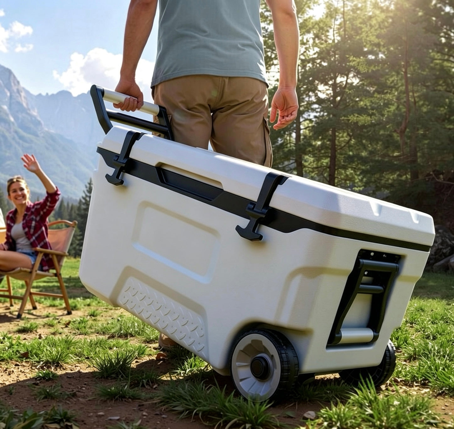 52QT Rolling Insulated Cooler, 48 Hours Ice Retention Cool Chest